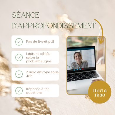 Image d'une femme en rendez-vous visio sur un fond doré avec le descriptif d'une consultation thème astral d'approfondissement